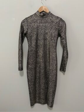 Glam Gold Black Long Sleeve Metallic Shimmer High Neck Date Night Mini Dress